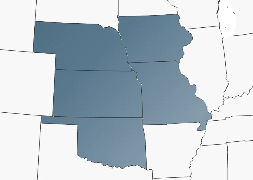 map with missouri, kansas, oklahoma, nebraska and iowa